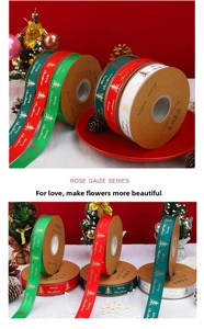 Detailed view of Merry Christmas gold foil printed grosgrain ribbons with pine tree patterns