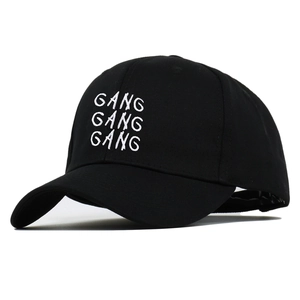 Classic black cotton baseball cap featuring white triple GANG letter embroidery