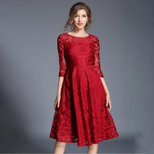 Slim fit wine red lace midi dress with three-quarter sleeves and a flared skirt