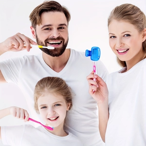 Family holding toothbrushes with a blue clip-on protective cover for oral care