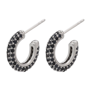 Detail of C-shaped hoop earrings with three rows of micro-pave black cubic zirconia stones