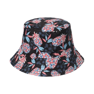 Black reversible sun hat with colorful tropical pineapple patterns for outdoor summer travel