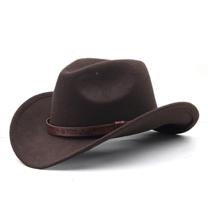 Classic dark brown western cowboy hat with patterned leather band and curved brim