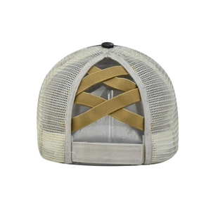 Detail view of beige mesh baseball cap with golden elastic cross bands for high ponytails