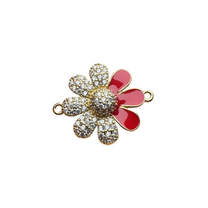 Gold daisy flower pendant with red enamel and zircons for DIY jewelry making