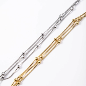 Three-layer stainless steel snake chain bracelets with metallic beads in gold and silver