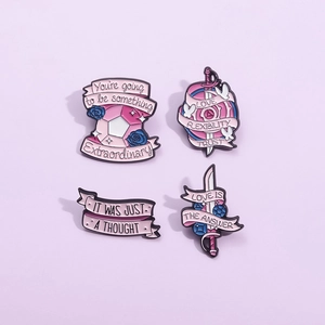 Pink Steven Universe enamel pins with inspirational quotes and sword designs for clothing