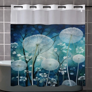 Close-up of waterproof spring floral shower curtain with reinforced metal grommets
