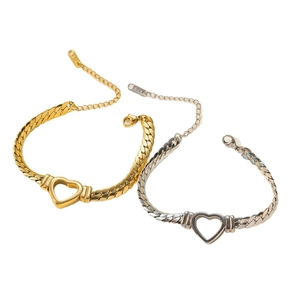 Polished titanium steel Cuban chain bracelet set with hollow heart pendants in gold and silver