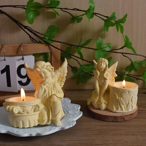 Vintage angel candle holder set with retro resin cherub figurines for home decor