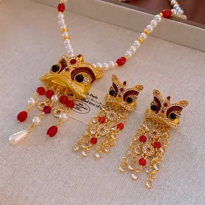 Parure de bijoux de danse du lion chinois avec collier de perles et boucles d'oreilles
