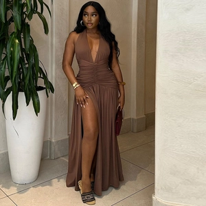 Women Sexy Halter Neck Maxi Dress Deep V Ruched High Slit Sleeveless Polyester Spandex Solid Color Party Evening