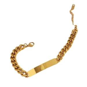 18K gold plated stainless steel Cuban chain bracelet with rectangular engravable bar plate
