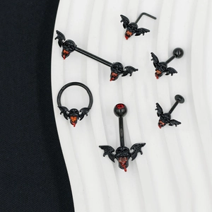 Gothic black skeleton and red heart wing piercing set for belly, ear and nose