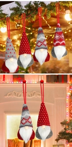 Detail of Christmas gnomes hanging ornaments with knit hats and faux fur beards
