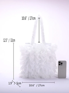 Detailed size chart for white lace ruffle bag showing 32cm height and 27cm width measurements