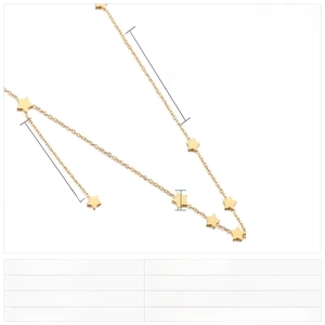 Detailed technical view of gold star necklace showing dimensions and 440mm chain length