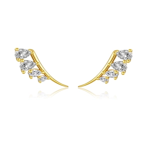 Elegant gold S925 silver leaf earrings featuring pear-shaped clear stones on white background