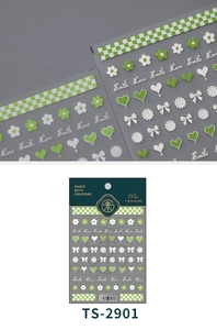 Détail des stickers d'ongles 5D stéréoscopiques verts avec motifs de fleurs et de cœurs
