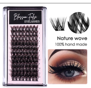 Macro detail of 12-row handmade individual cluster eyelashes with natural volume
