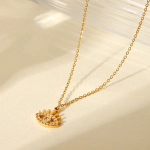 Gold-plated stainless steel Evil Eye pendant necklace with micro-pave zirconia stones