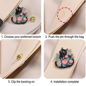 Black enamel cat brooch with pink flowers shown in a step-by-step usage guide on canvas