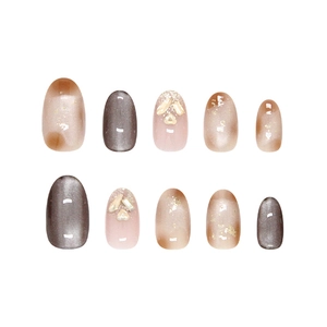 Brown cat eye press-on nails with champagne rhinestones and marble gold foil design