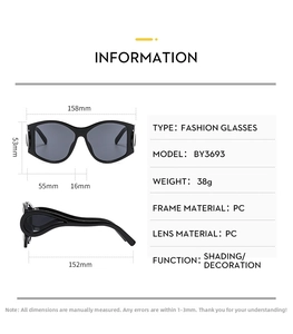 Detailed technical specifications and sizing chart for Y2K oversized fashion sunglasses