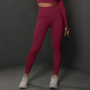 Détail du pantalon de yoga taille haute sans couture bordeaux et crop top à manches longues