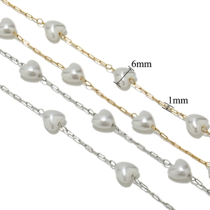 Detail of 6mm heart pearls on 1mm gold and silver diy chains for jewelry making