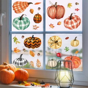 Fall pumpkin window clings with leaves and acorns for autumn home party decoration