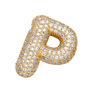 Golden 3D balloon letter P pendant necklace inlaid with sparkling white cubic zirconia