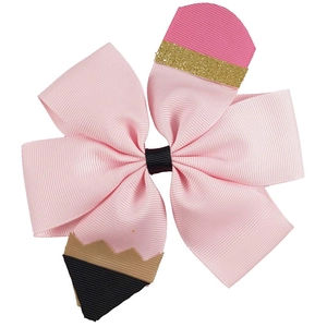 Handcrafted 5 inch ribbed grosgrain ribbon pencil hair bow with sparkly glitter accents