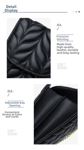 Detailed view of black quilted leather bag with leaf-pattern stitching and gold chain