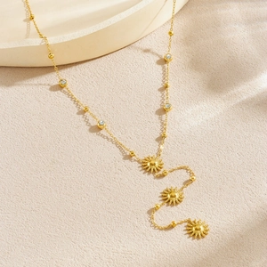 Elegant gold stainless steel Y-shaped necklace with sunflower pendant and zircon accents