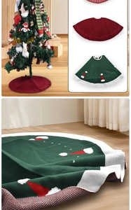 Detail of red and green knit Christmas tree skirts with embroidered Santa hat patterns