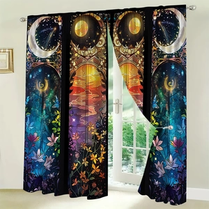 Detailed pattern of sun, moon, and stars on fantasy stained glass style curtains