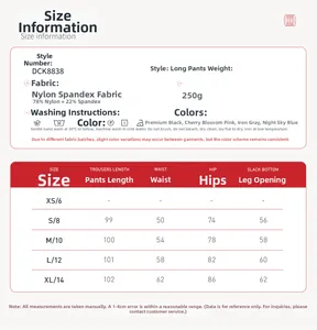 Size chart for yoga leggings showing length, waist, and hip measurements in cm