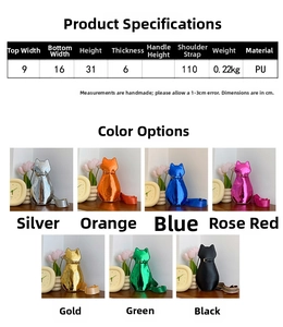 Detailed size specifications for cat-shaped PU leather crossbody bag in seven metallic colors