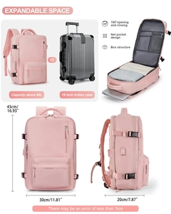 Mochila de viaje grande rosa de 40L con dimensiones y diseño de estructura ampliable