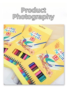 Close-up of 12-count colored pencil set with hummingbird illustration and clear window