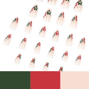 Christmas almond press on nails with red green floral patterns and gold glitter accents