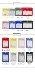 Detailed catalog of horizontal and vertical ID card holders in eight assorted colors