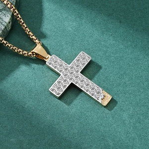 Men's hip hop cross pendant necklace with silver textured and gold matte honeycomb design