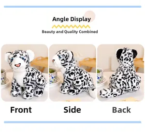 Front side and back views of a plush snow leopard toy with blue eyes and spotted fur