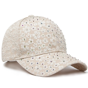 Beige baseball cap for women with 3D floral embroidery and colorful rhinestones