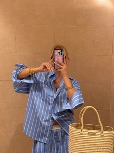 Women's casual blue and white striped long sleeve shirt and shorts set for summer