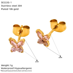 Detail showing 6mm 18k gold plated stainless steel butterfly stud with pink zircon