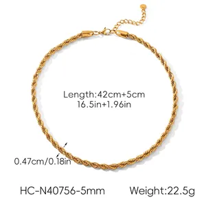 Detailed view of 18k gold rope chain necklace with dimensions 42cm plus 5cm extender