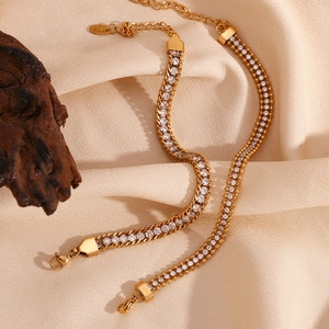 Stainless Steel 18K Gold Plated Three Layer Bracelet For Women Rhinestone Inlaid Beaded Braided Chain Elegant Jewelry Gift